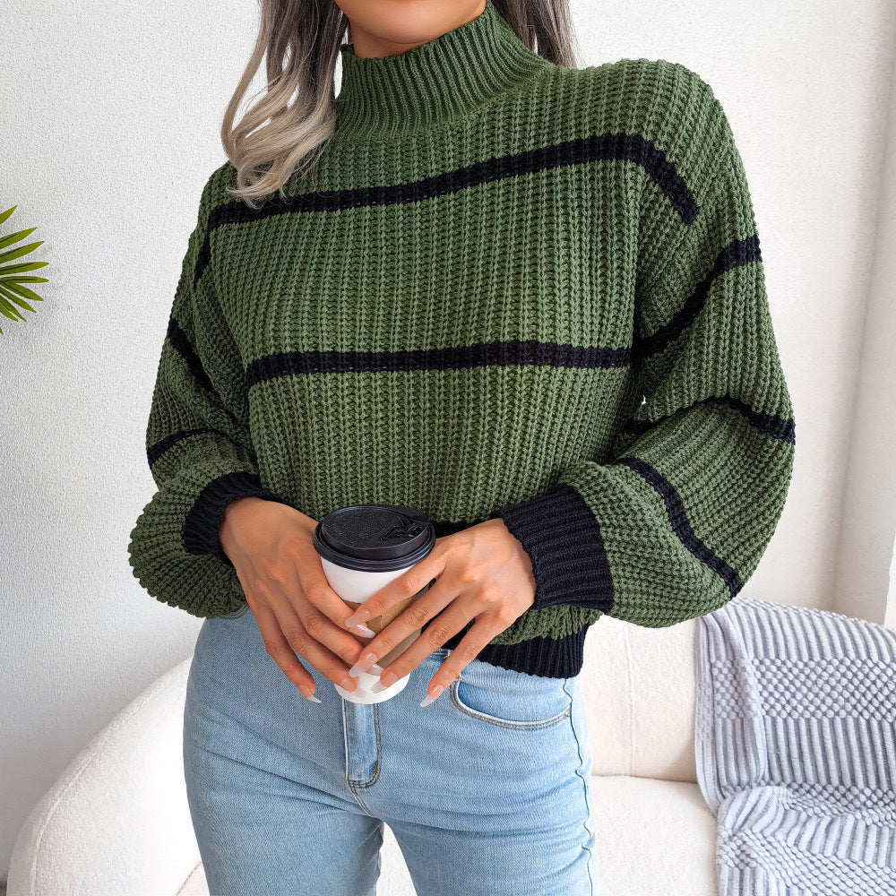 Knitted Sweater Half Turtleneck Pullover Sweater Women's Outer Wear Amazon Striped Contrast Color Fashion