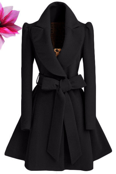 Cinched Waist Slim-fit Women's Woolen Coat